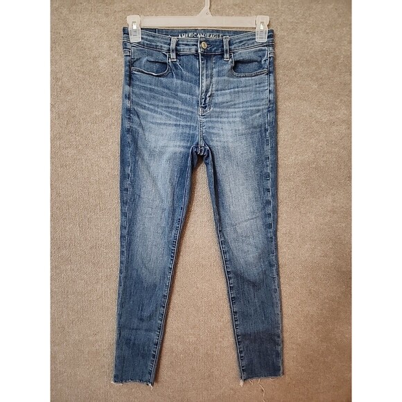 American Eagle Hi-Rise Crop Jegging Jeans Womens 6 Long Blue Raw Hem Next Level - Picture 1 of 10